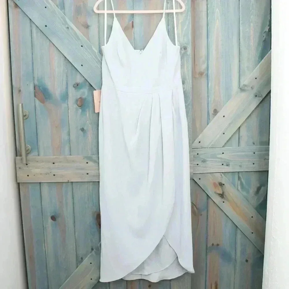 BHLDN Lyra V-Neck Faux-Wrap Crepe Midi Dress Blue Size 16 Anthropologie NWT - Picture 3 of 13
